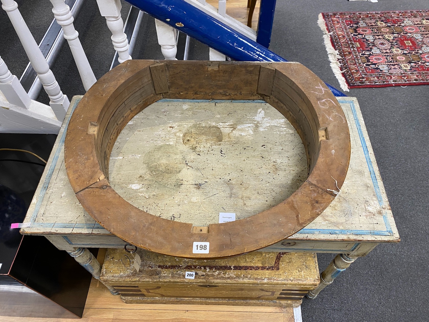 A Victorian mahogany and bird's eye maple bed corona canopy, width 68cm, depth 58cm, height 14cm